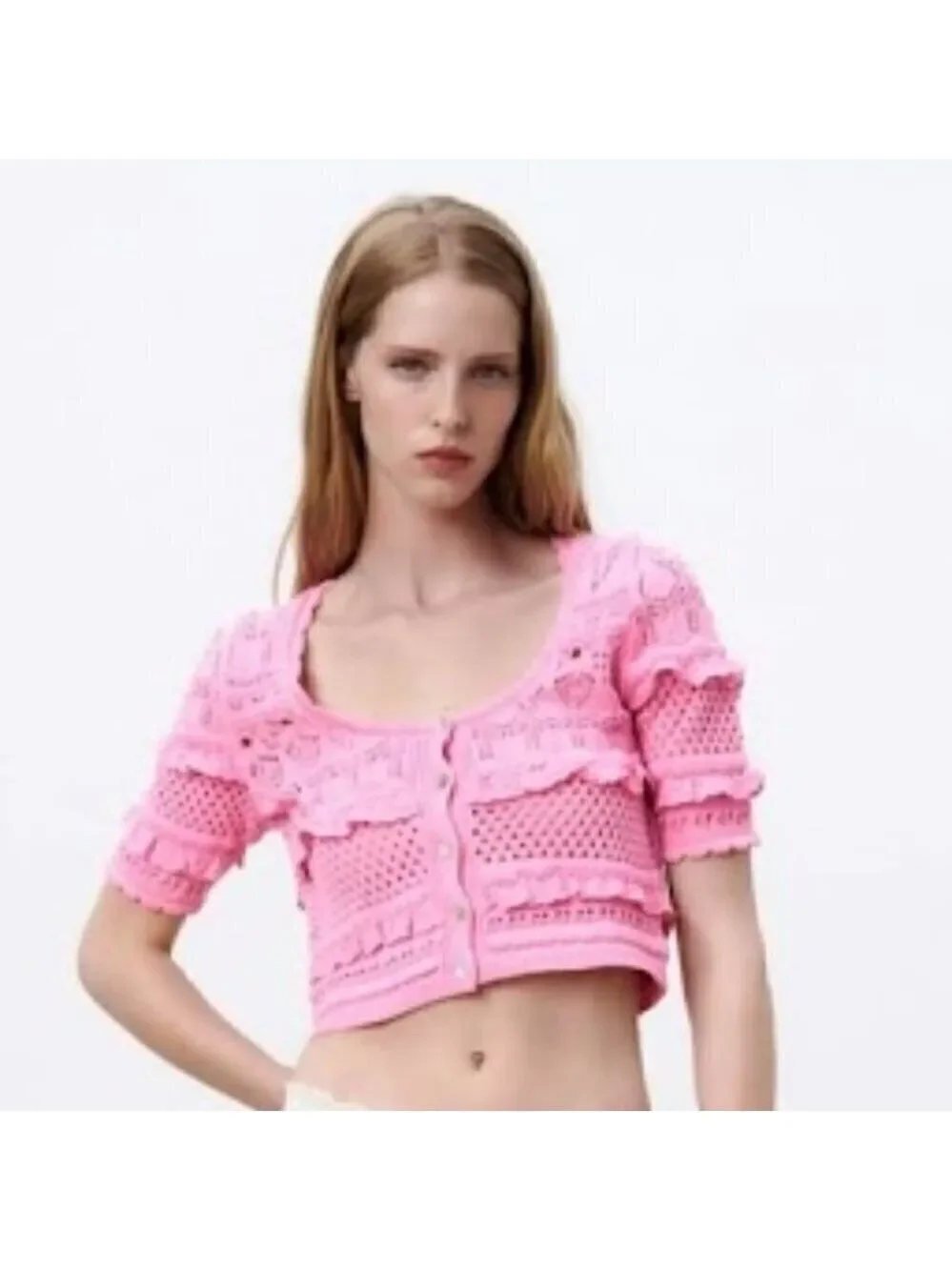 Zara | Short Sleeve Pink Lace Crochet Cardigan - Picture 1 of 11